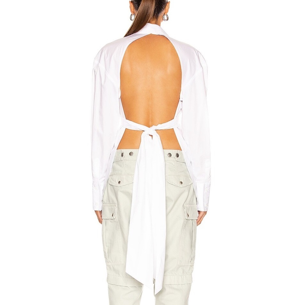 Seroya Mari Backless Tie Knot Front Tuxedo Open Back Button Down Shirt​ White XS